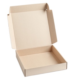 Photo of Open cardboard pizza box on white background