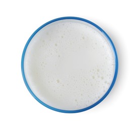 Glass of fresh milk isolated on white, top view