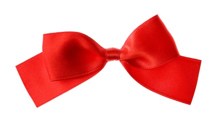 Photo of Red ribbon bow isolated on white. Festive decoration