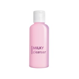 Bottle of milky cleanser isolated on white. Makeup remover 