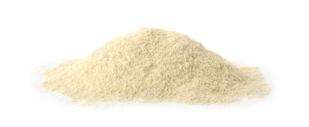 Photo of Heap of quinoa flour on white background