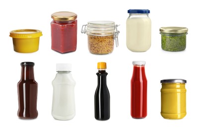 Image of Different delicious sauces isolated on white, set