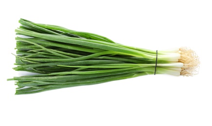 Photo of Bunch of fresh green onions on white background