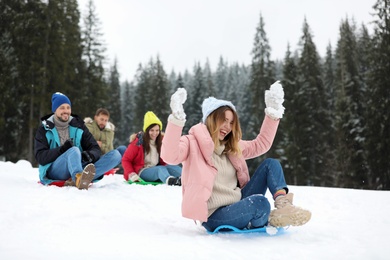 Happy friends sliding on sleds outdoors. Winter vacation