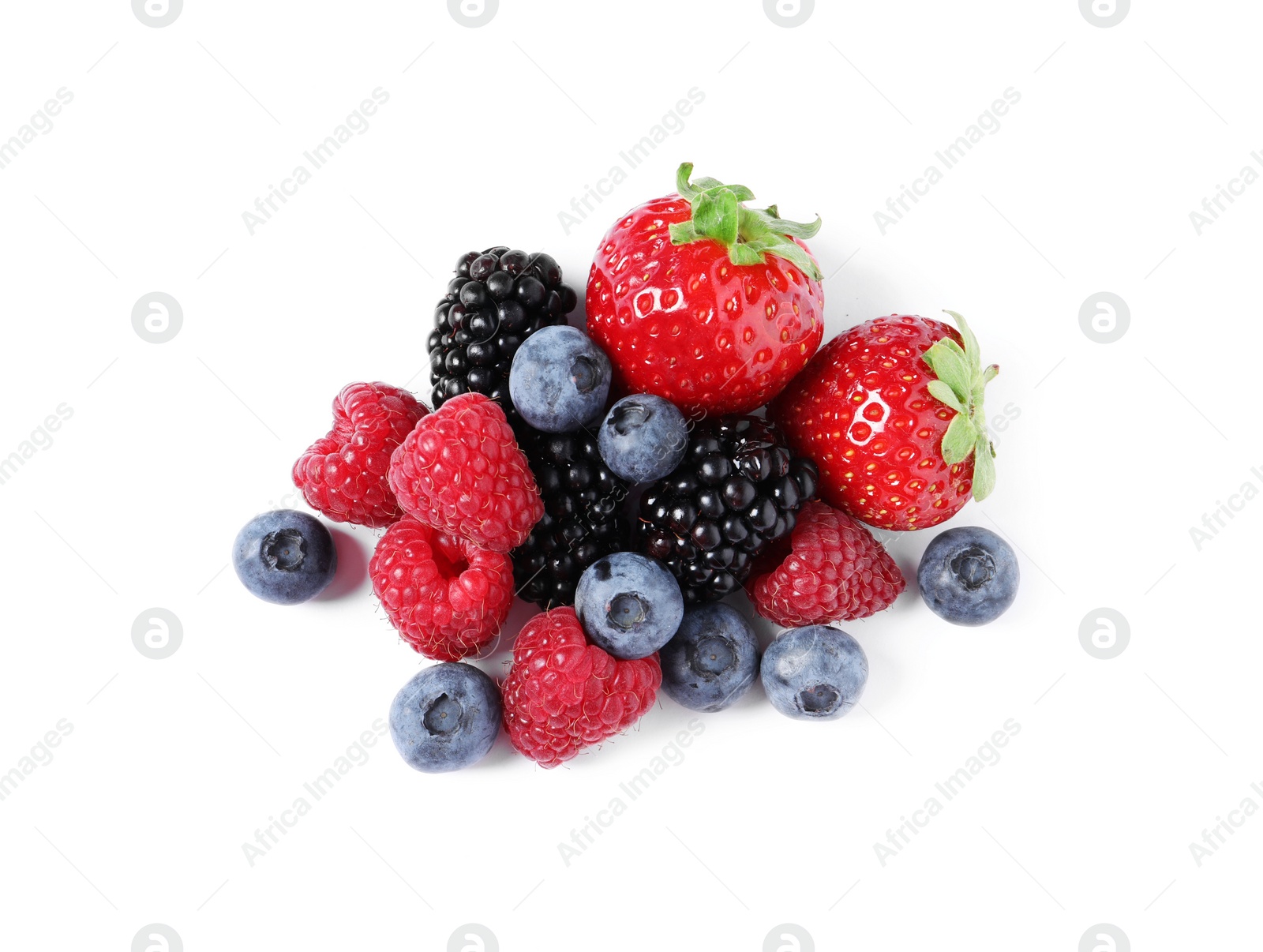 Photo of Many different ripe berries isolated on white, top view