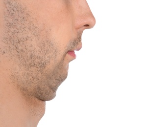 Photo of Young man with double chin on white background, closeup