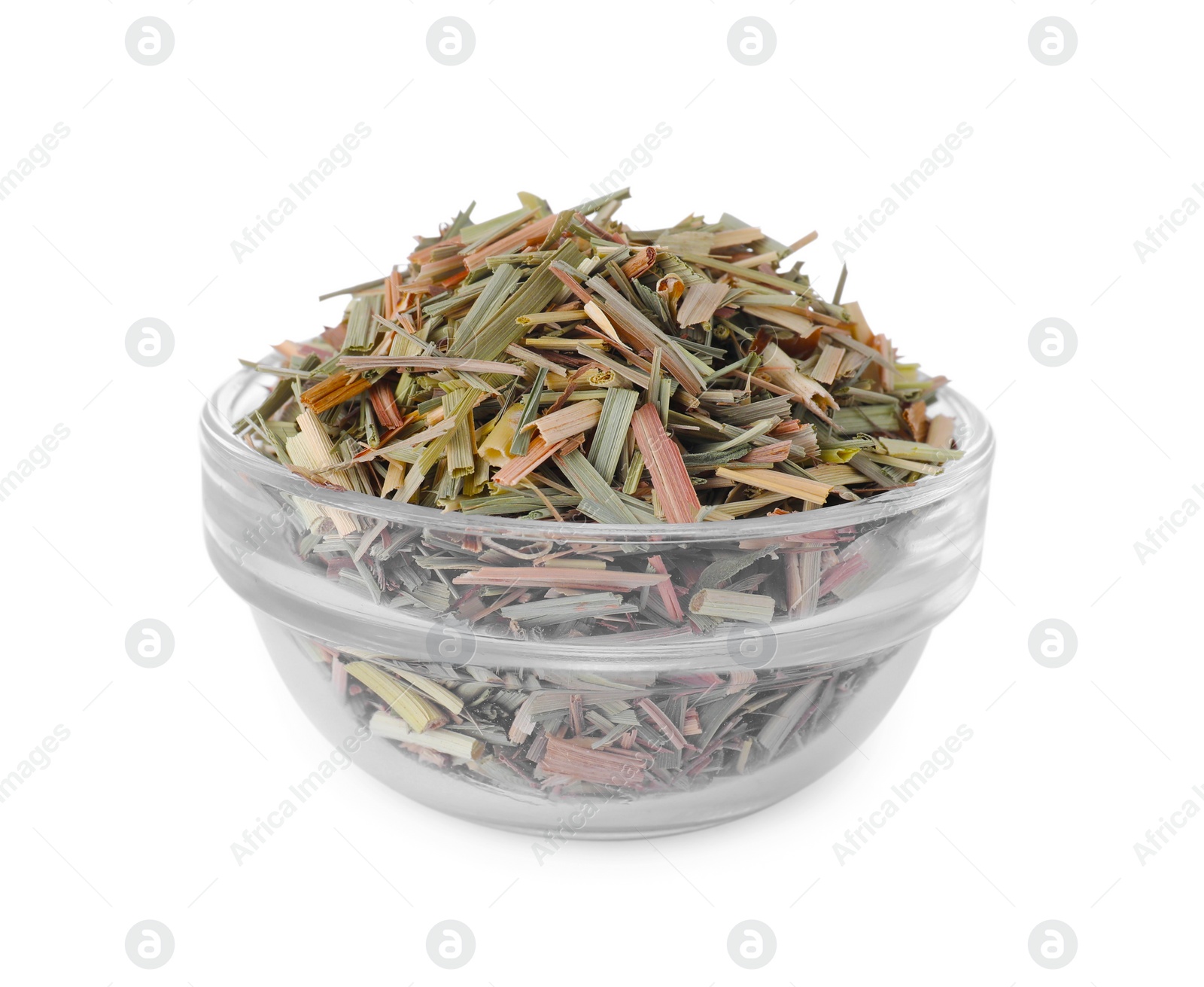 Photo of Glass bowl of aromatic dried lemongrass isolated on white
