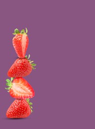 Image of Stack of fresh strawberries on pale purple background, space for text