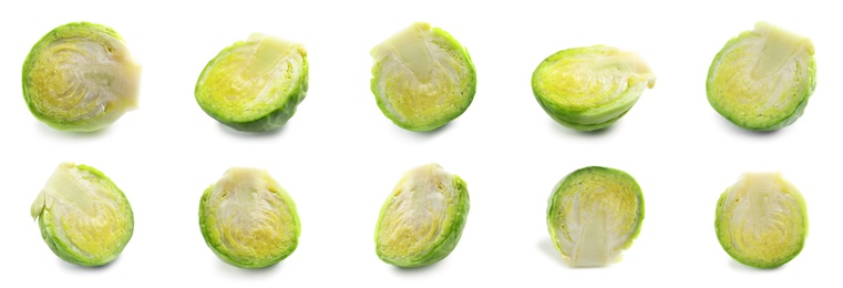 Image of Set of cut Brussels sprouts on white background. Banner design 