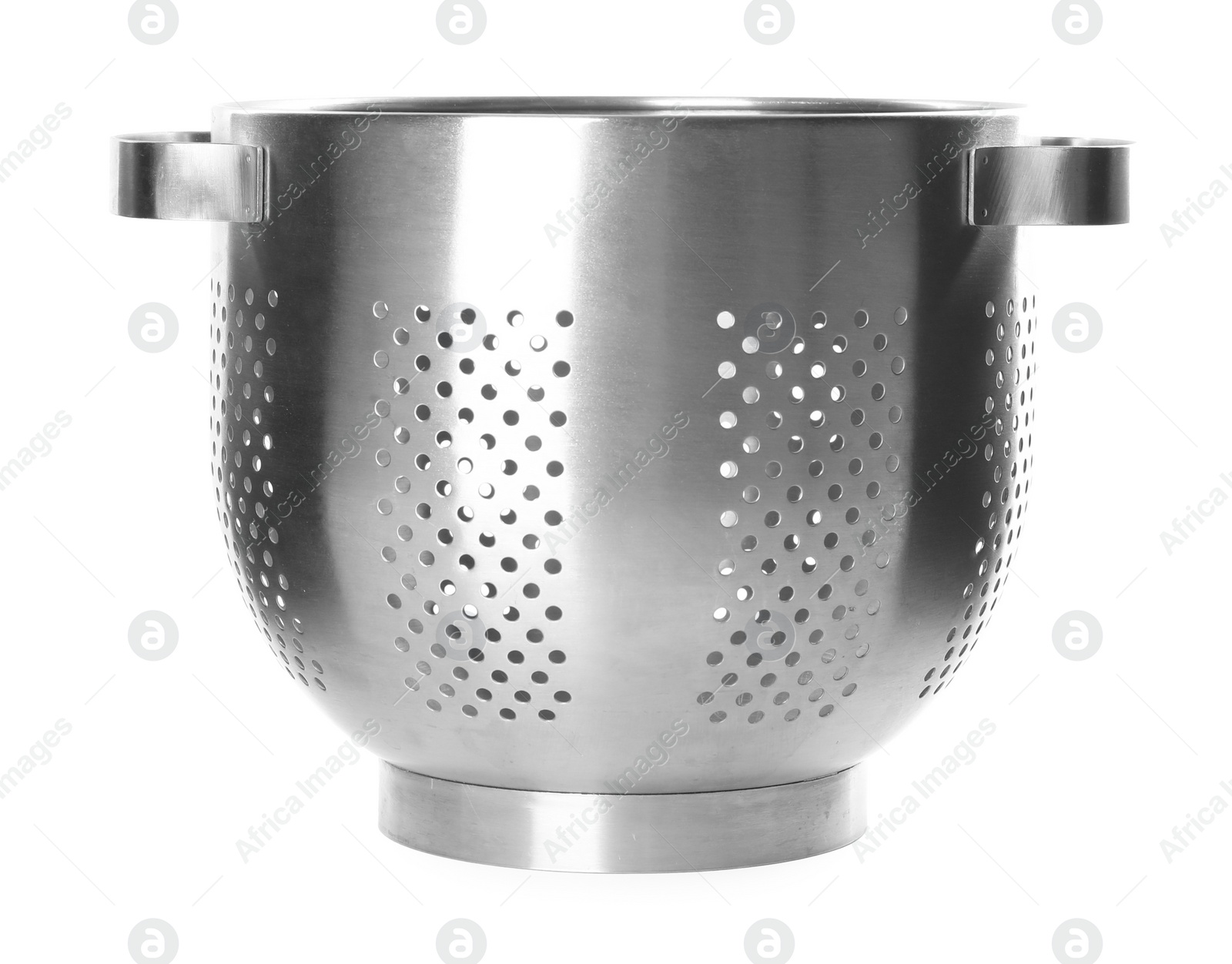 Photo of Modern metal colander isolated on white. Cooking utensil