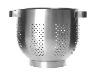 Modern metal colander isolated on white. Cooking utensil