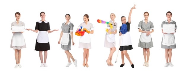 Image of Collage with photos of chambermaids on white background. Banner design