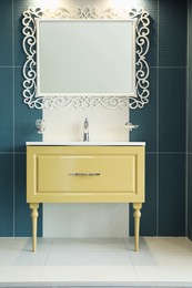 Bathroom interior with mirror and vanity unit on display in store