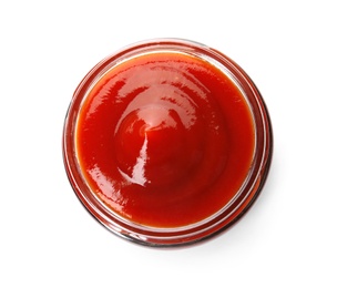 Tasty homemade tomato sauce in glass jar on white background, top view