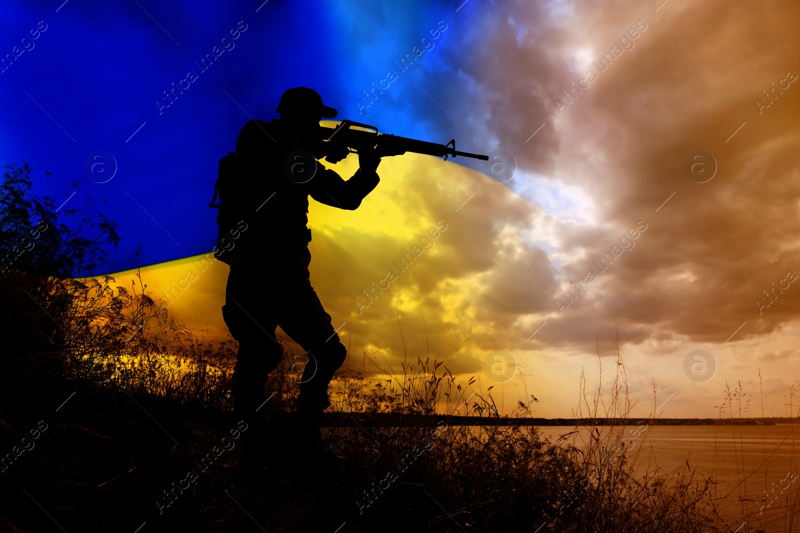 Image of Stop war in Ukraine. Silhouette of armed soldier outdoors and Ukrainian flag, double exposure effect