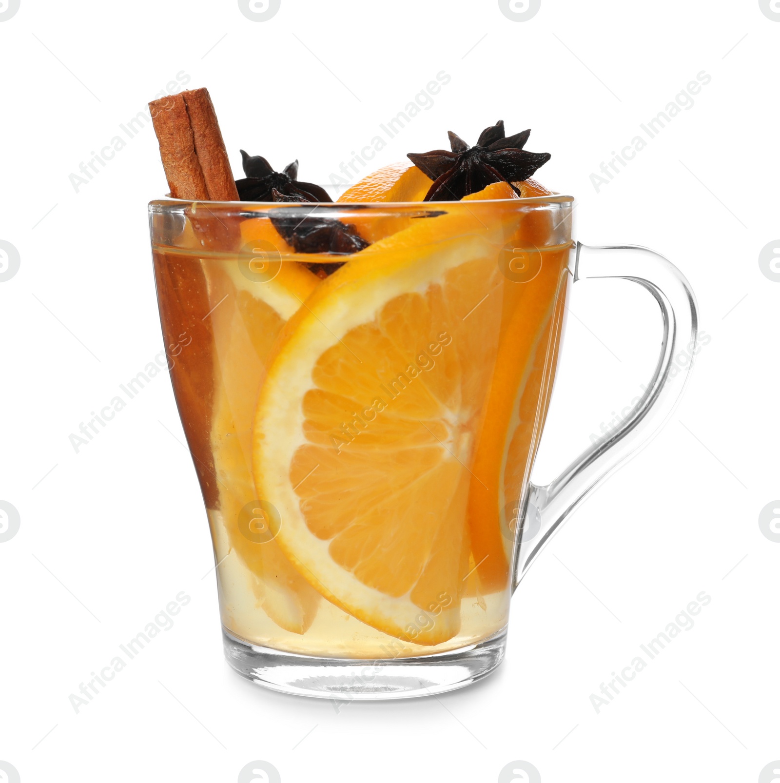 Photo of Aromatic mulled wine in glass cup isolated on white