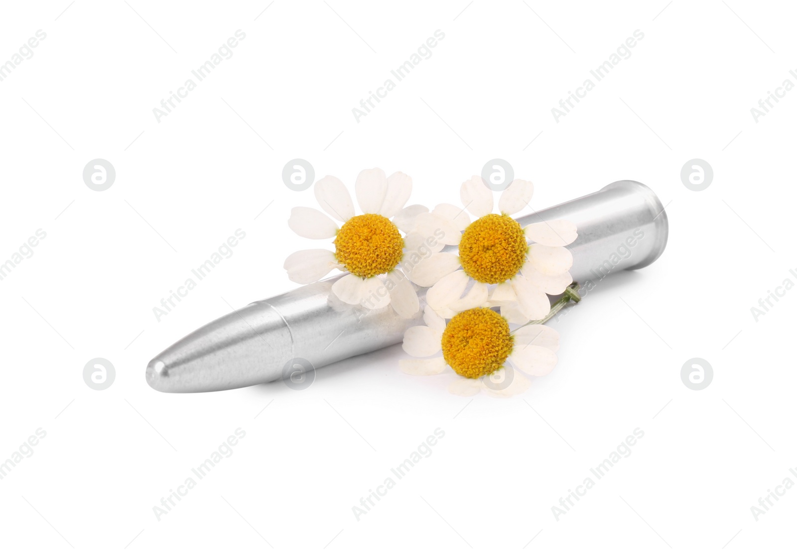 Photo of Metal bullet and beautiful flowers isolated on white