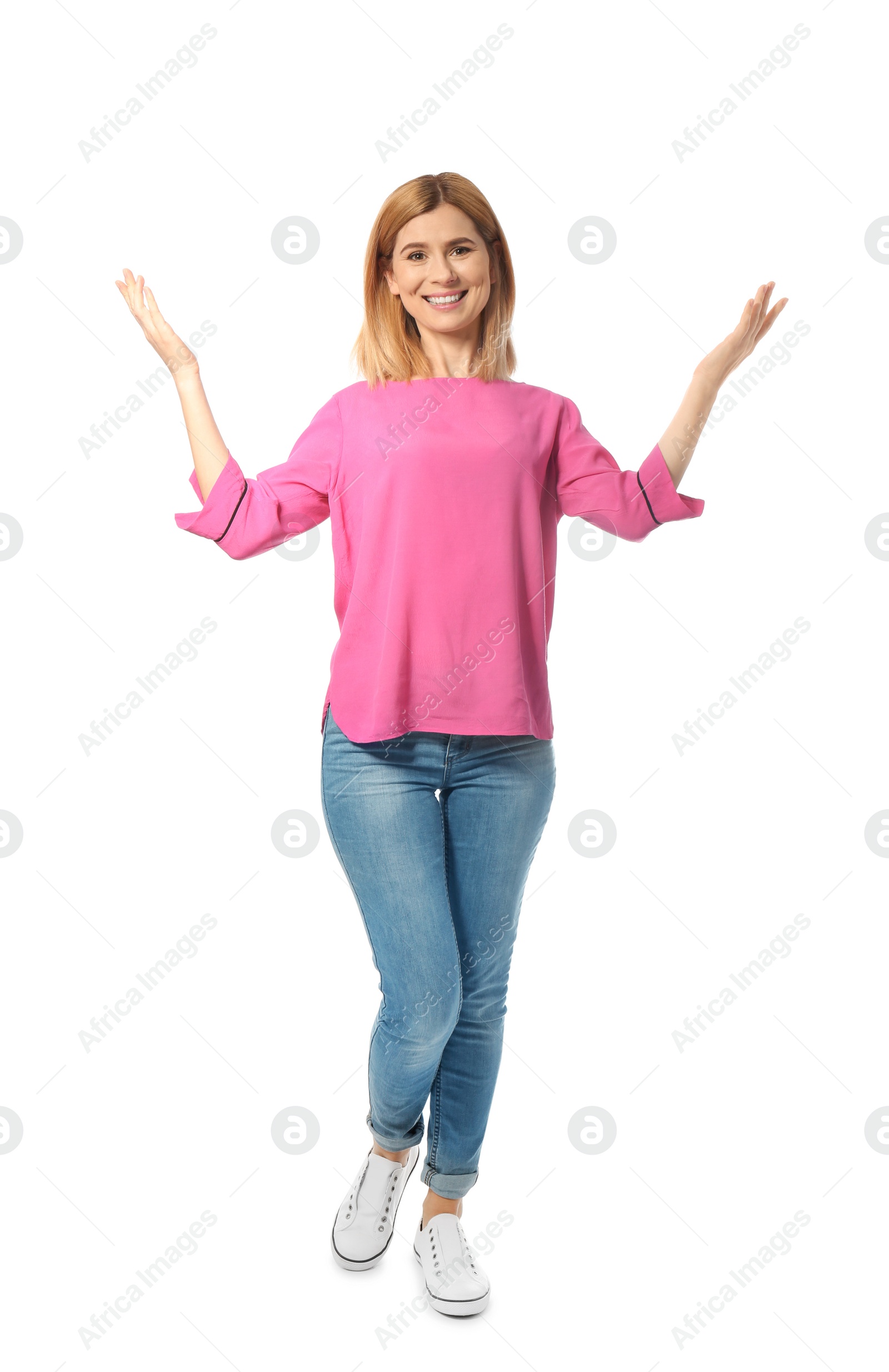 Photo of Full length portrait of happy beautiful woman on white background