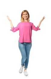 Photo of Full length portrait of happy beautiful woman on white background