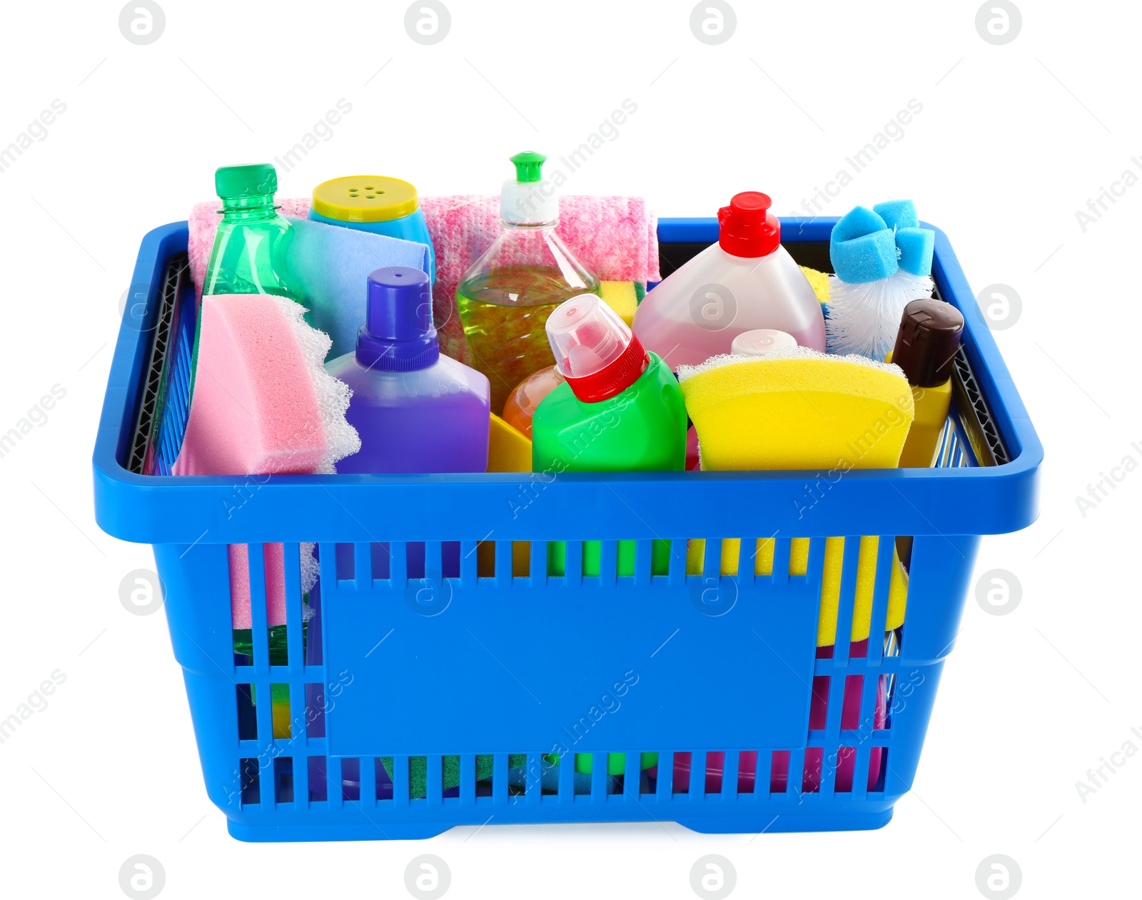 Photo of Shopping basket full of detergents on white background