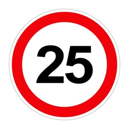 Road sign MAXIMUM SPEED 25 on white background, illustration 