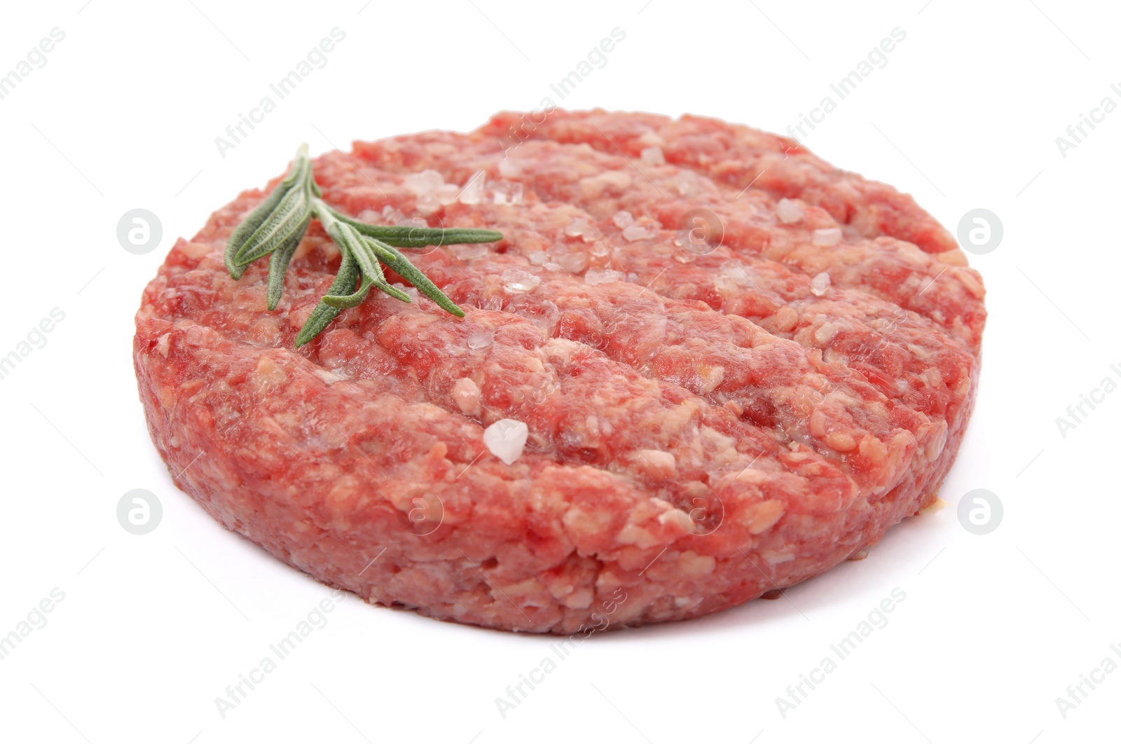 Photo of Raw hamburger patty with rosemary and salt isolated on white