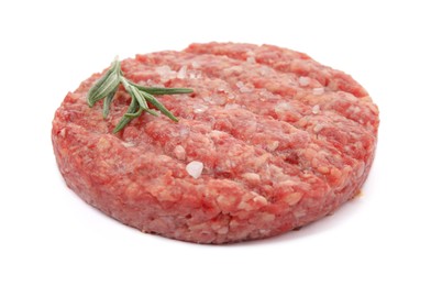 Photo of Raw hamburger patty with rosemary and salt isolated on white