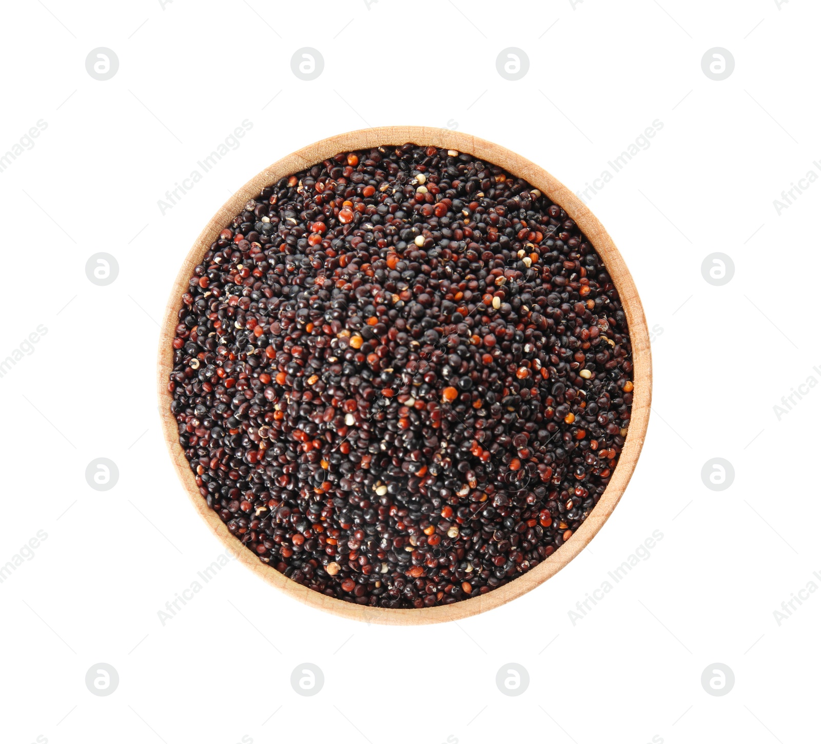 Photo of Bowl with black quinoa on white background, top view