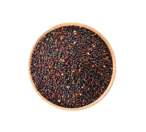 Photo of Bowl with black quinoa on white background, top view