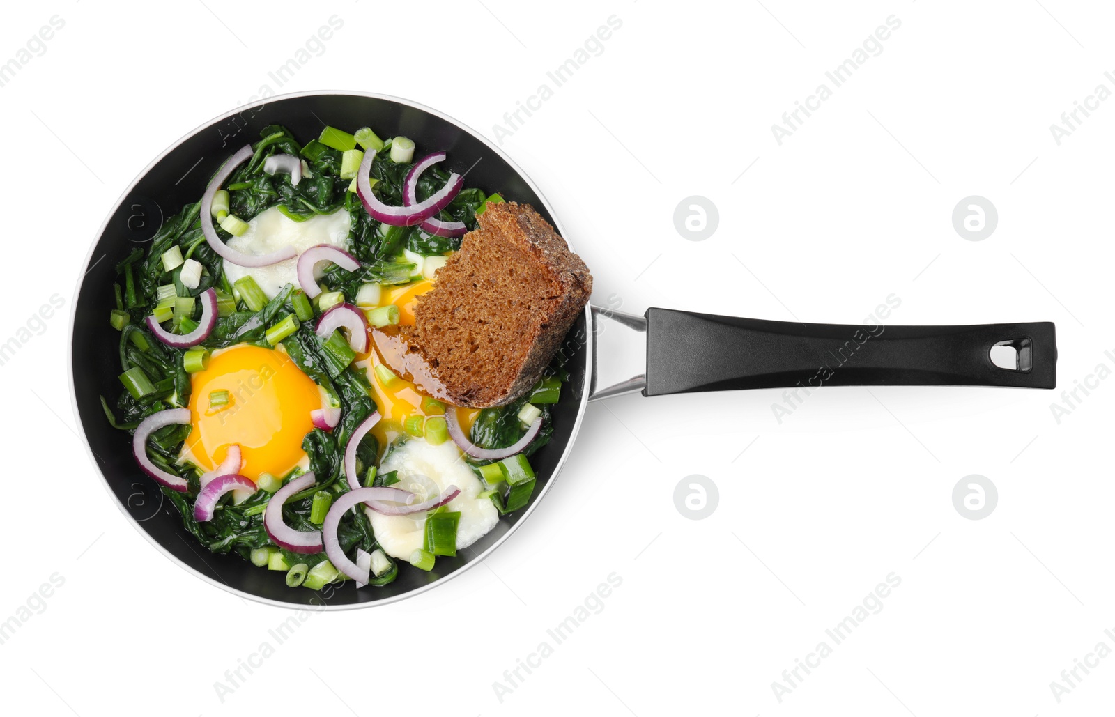 Photo of Tasty shakshuka with piece of bread isolated on white, top view