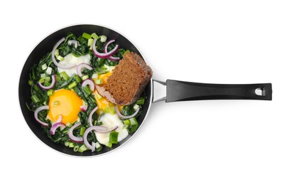 Tasty shakshuka with piece of bread isolated on white, top view