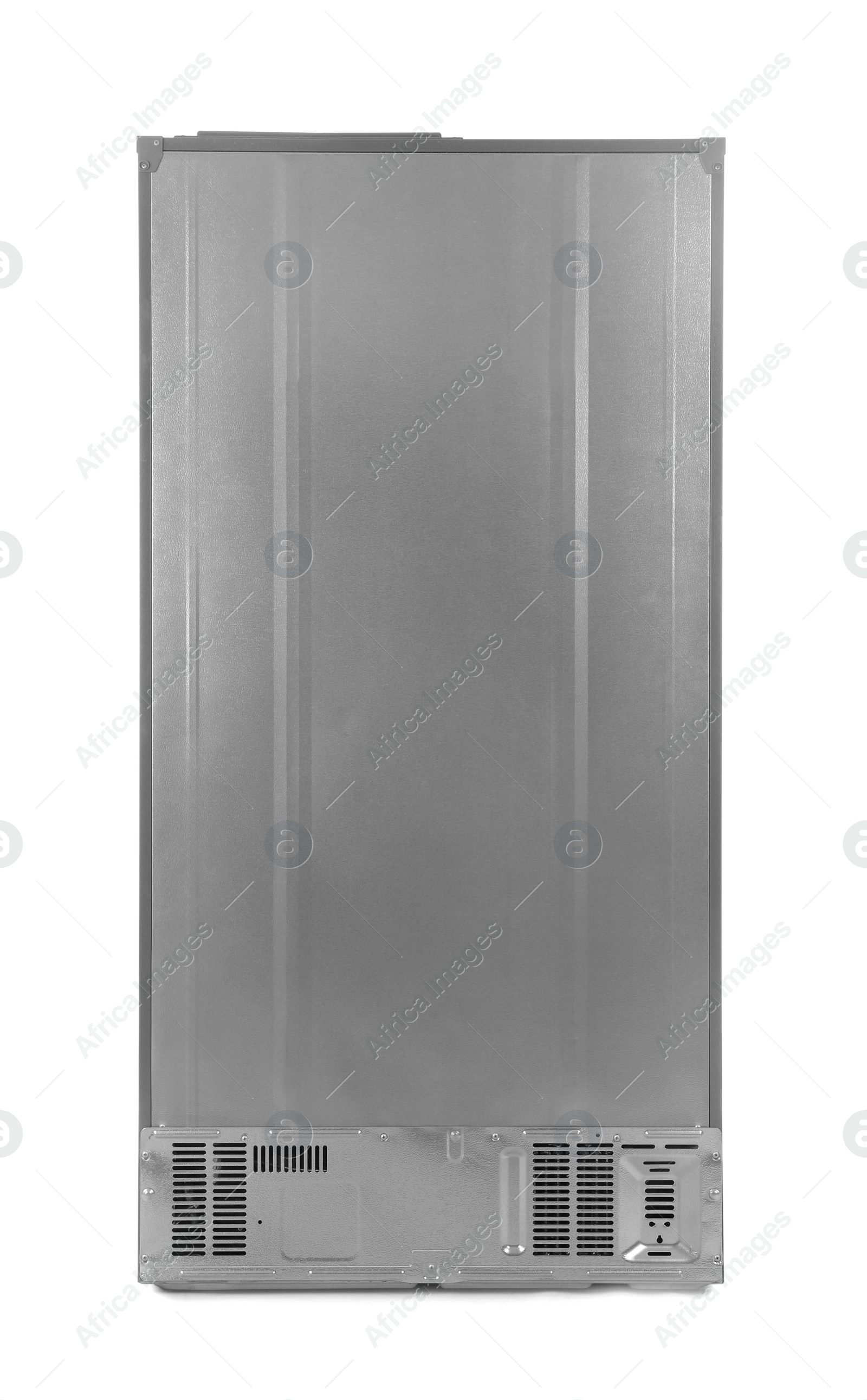 Photo of New modern refrigerator isolated on white, back view