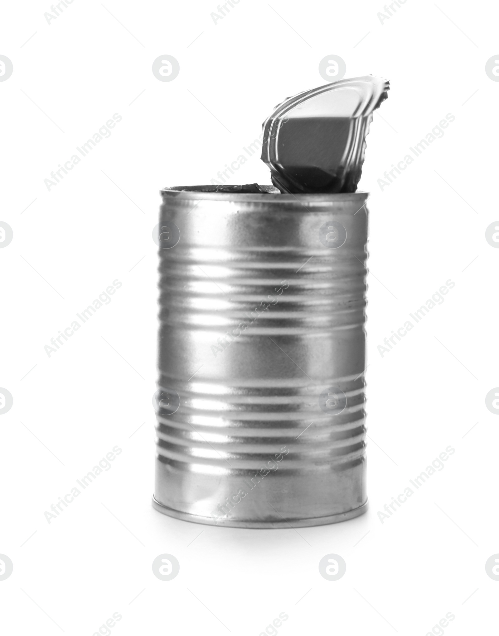 Photo of Open aluminum food can on white background. Metal waste recycling