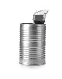 Open aluminum food can on white background. Metal waste recycling