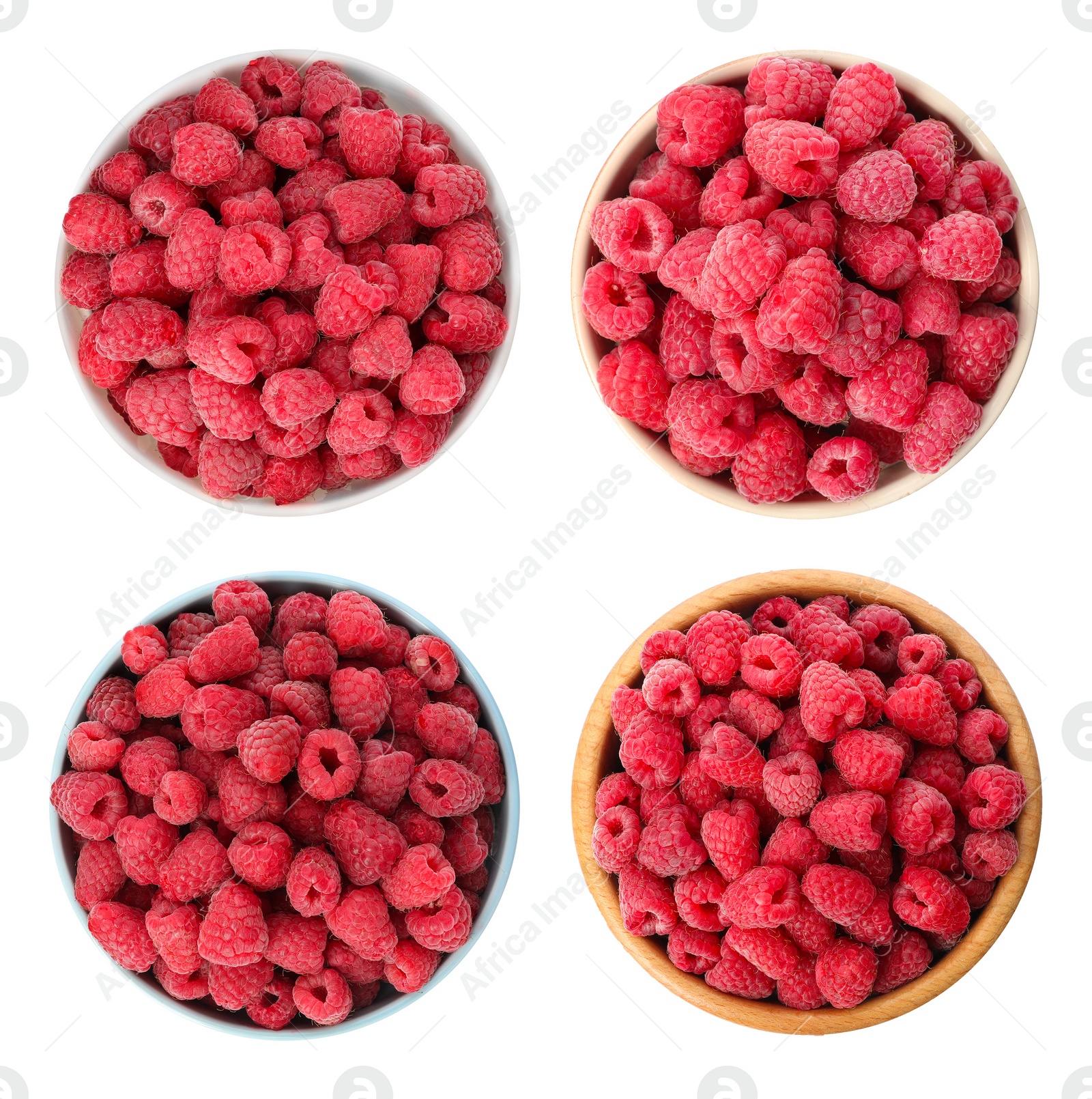 Image of Set of bowls with fresh ripe raspberries on white background