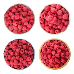 Image of Set of bowls with fresh ripe raspberries on white background