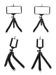 Image of Set with modern tripods on white background, banner design