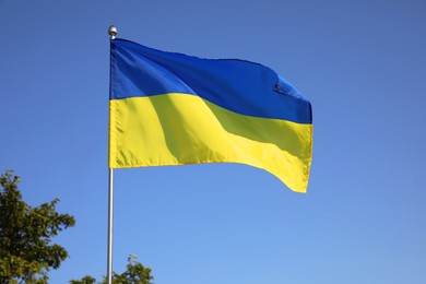 Photo of National flag of Ukraine against blue sky