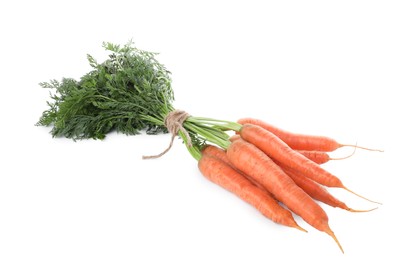 Bunch of tasty ripe carrots on white background