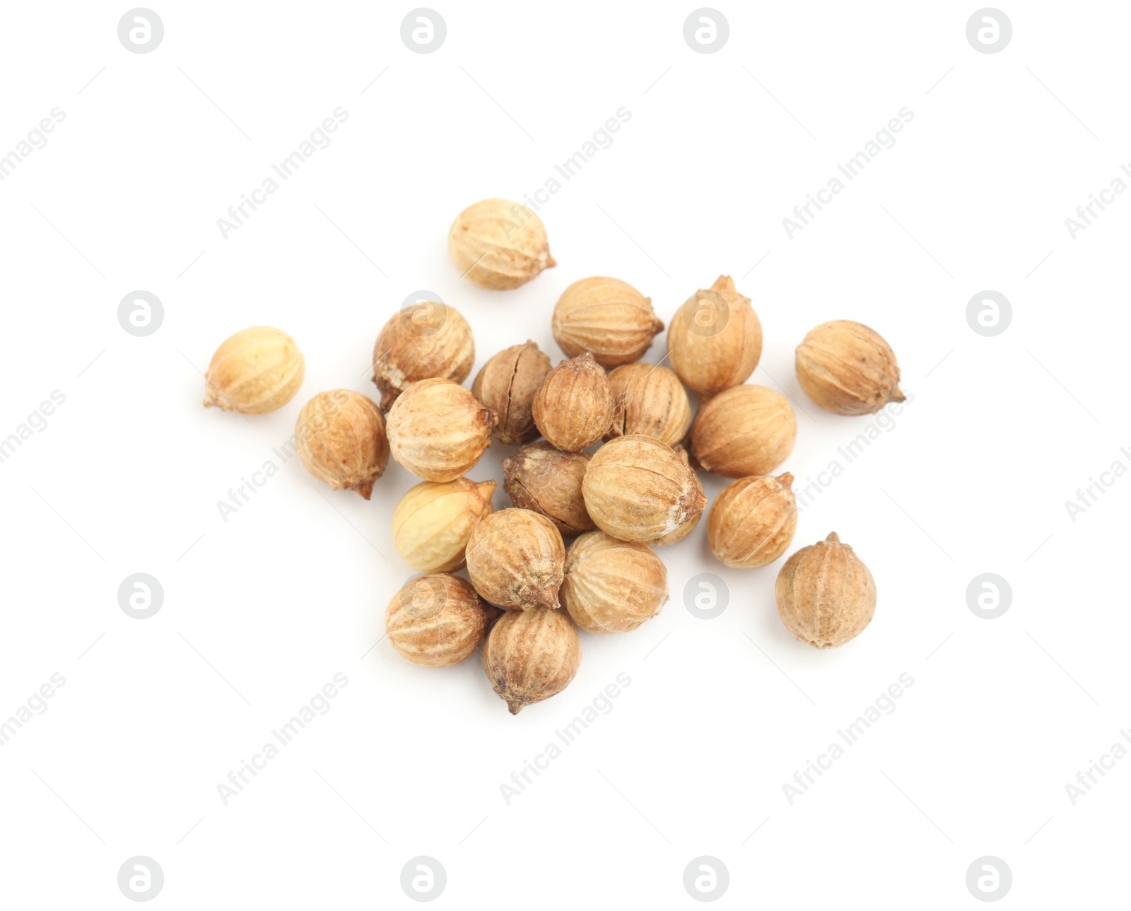 Photo of Scattered dried coriander seeds on white background, top view