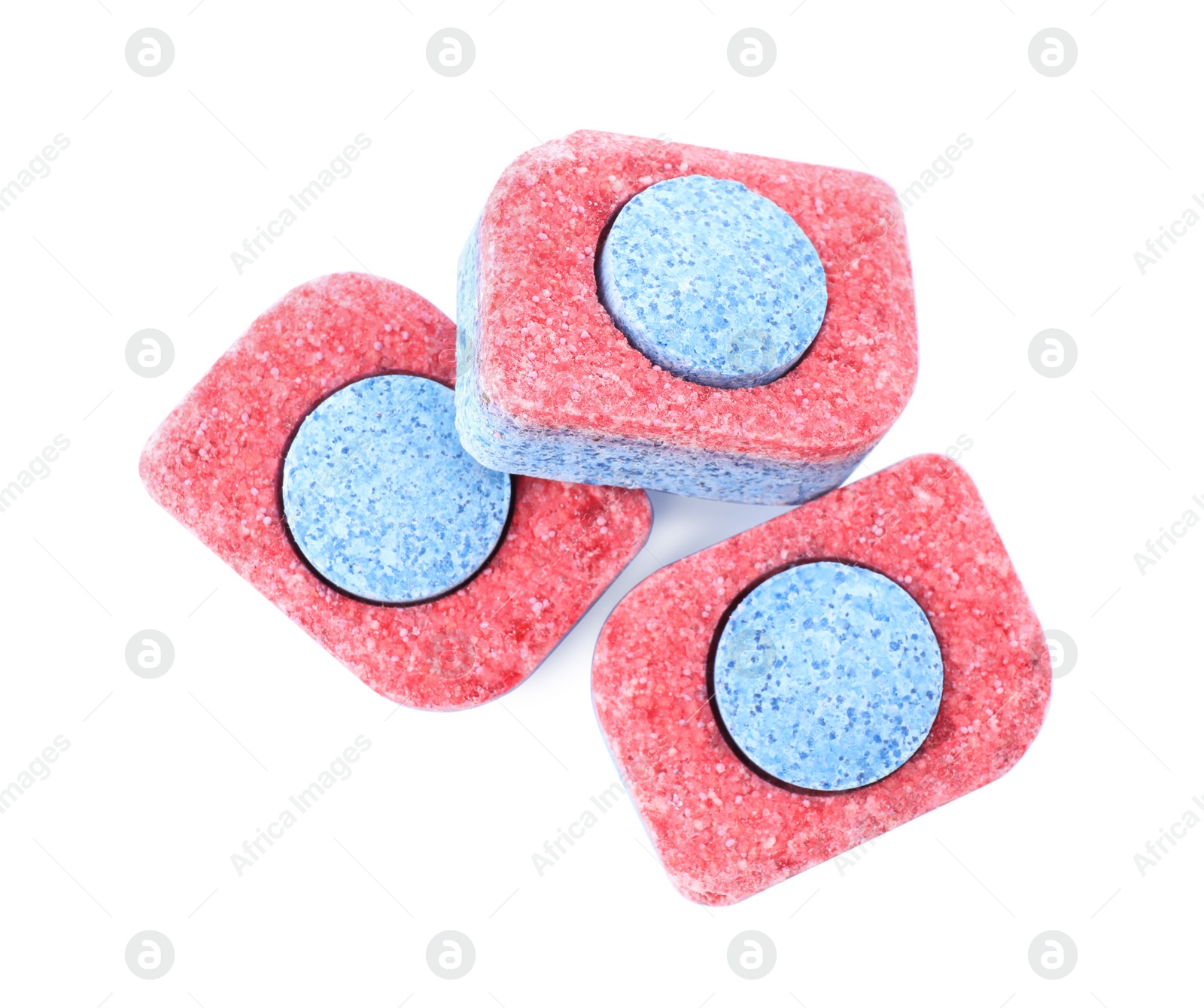 Photo of Many dishwasher detergent tablets on white background, top view