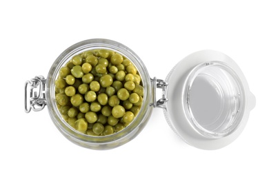 Photo of Open jar with pickled peas on white background, top view