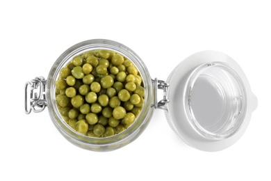 Open jar with pickled peas on white background, top view