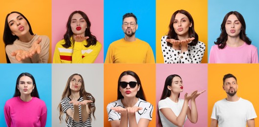 Collage with photos of people blowing air kisses on different color background