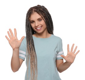 Young woman giving high five with both hands on white background