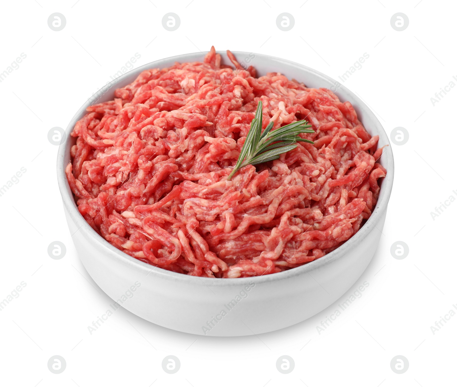 Photo of Raw ground meat and rosemary in bowl isolated on white