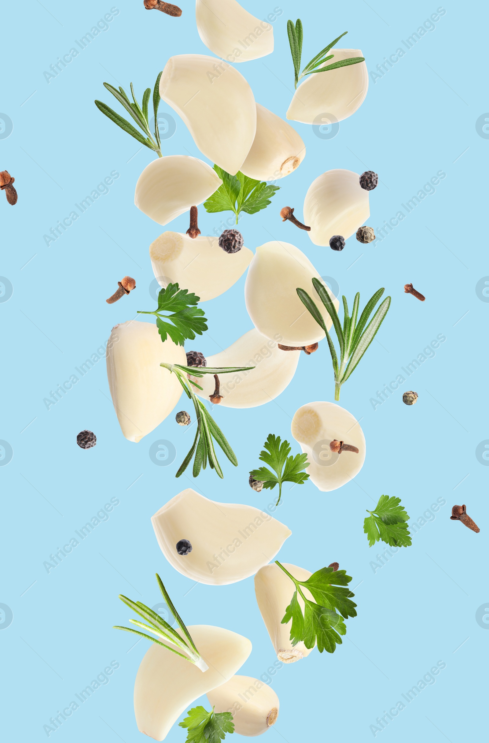 Image of Fresh peeled garlic cloves, peppercorns and different herbs flying on light blue background