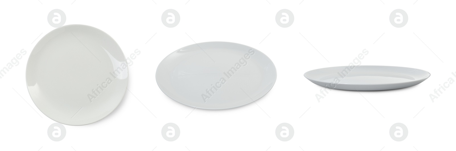 Image of Empty ceramic plate isolated on white, set with different views