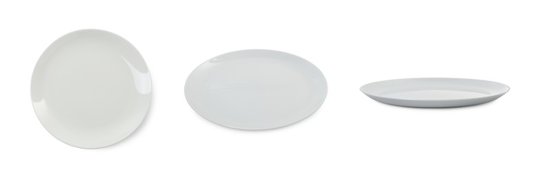 Image of Empty ceramic plate isolated on white, set with different views