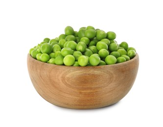 Photo of Fresh raw green peas in wooden bowl isolated on white
